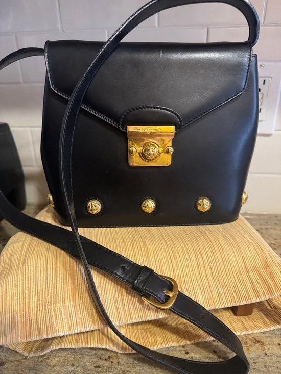 Salvatore Ferragamo Black Leather Crossbody with Gold Hardware EUC No callouts - Picture 1 of 10